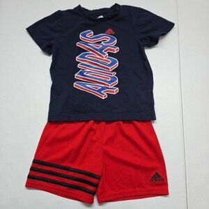 Adidas Toddler Spellout Tshirt & Shorts Set Blue Red 2 Piece Size 3T EUC